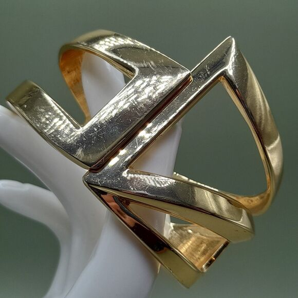 Vtg Wide Bracelet Bangle Hinged Clamper Art Deco Revival Jewelry Unique - Picture 9 of 10